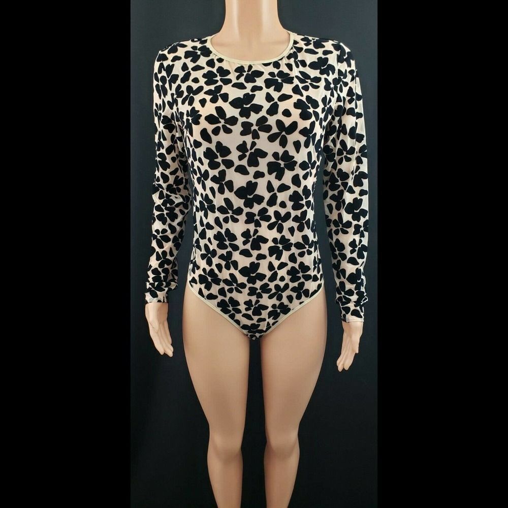 Victoria's Secret Sexy Nude Floral Black Velvet Bodysuit Large